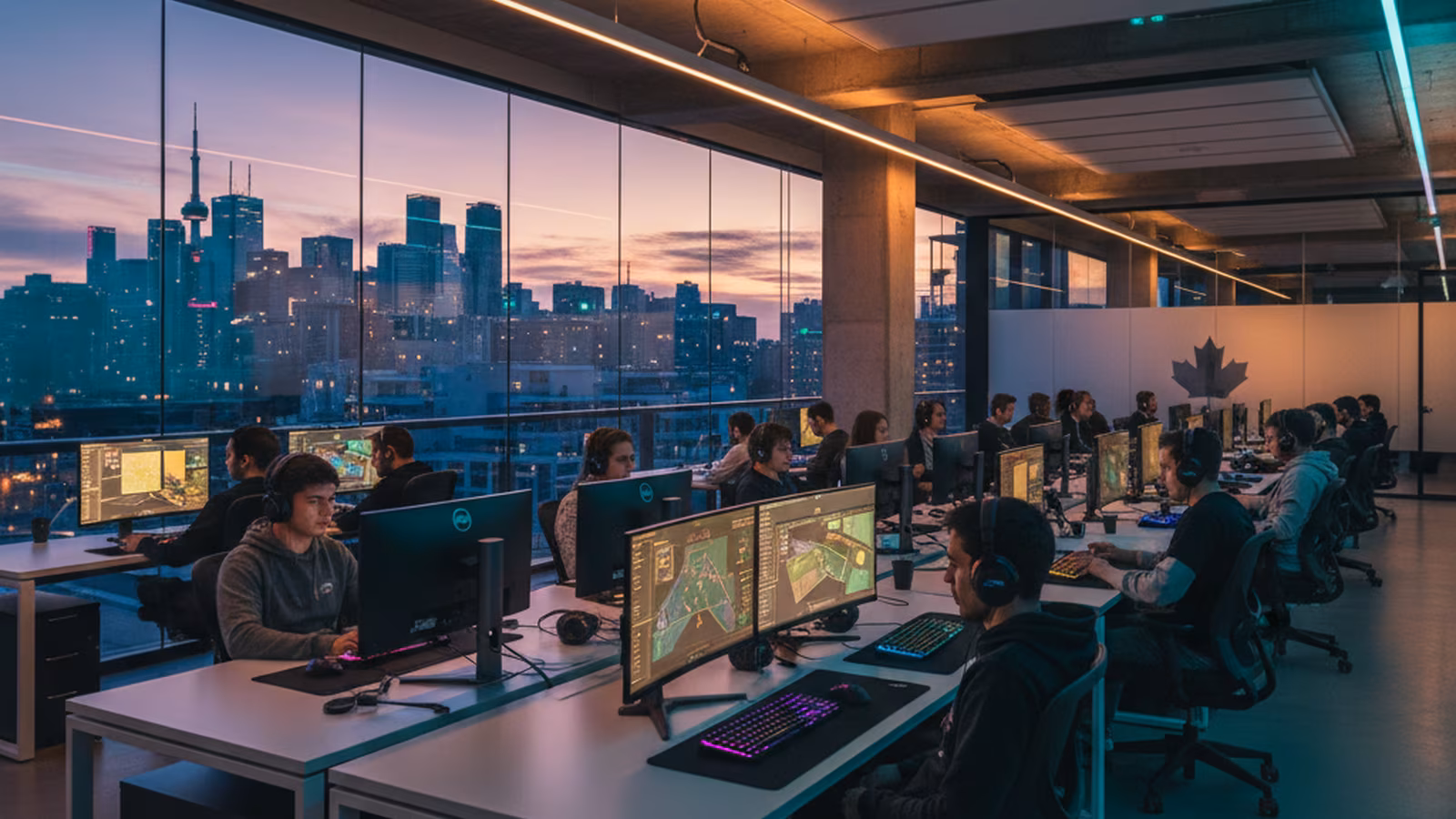 Sieraden studio in Toronto with neon-lit gaming desks