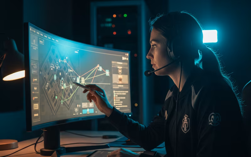 Female coach reviewing strategy on studio monitor