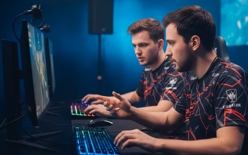 Two pro players at tournament desk