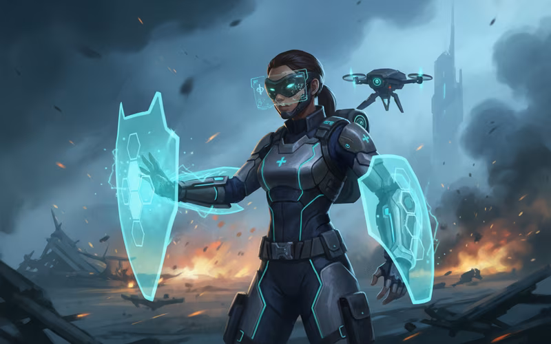 Futuristic medic legend with shield gauntlets